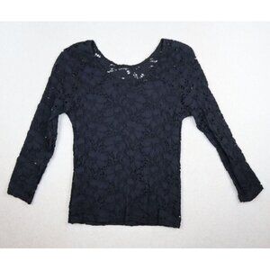 WOMEN'S BLACK STRECH LACE 3/4 SLEEVE FITTED TIGHT TOP - G WHEELS - SIZE M